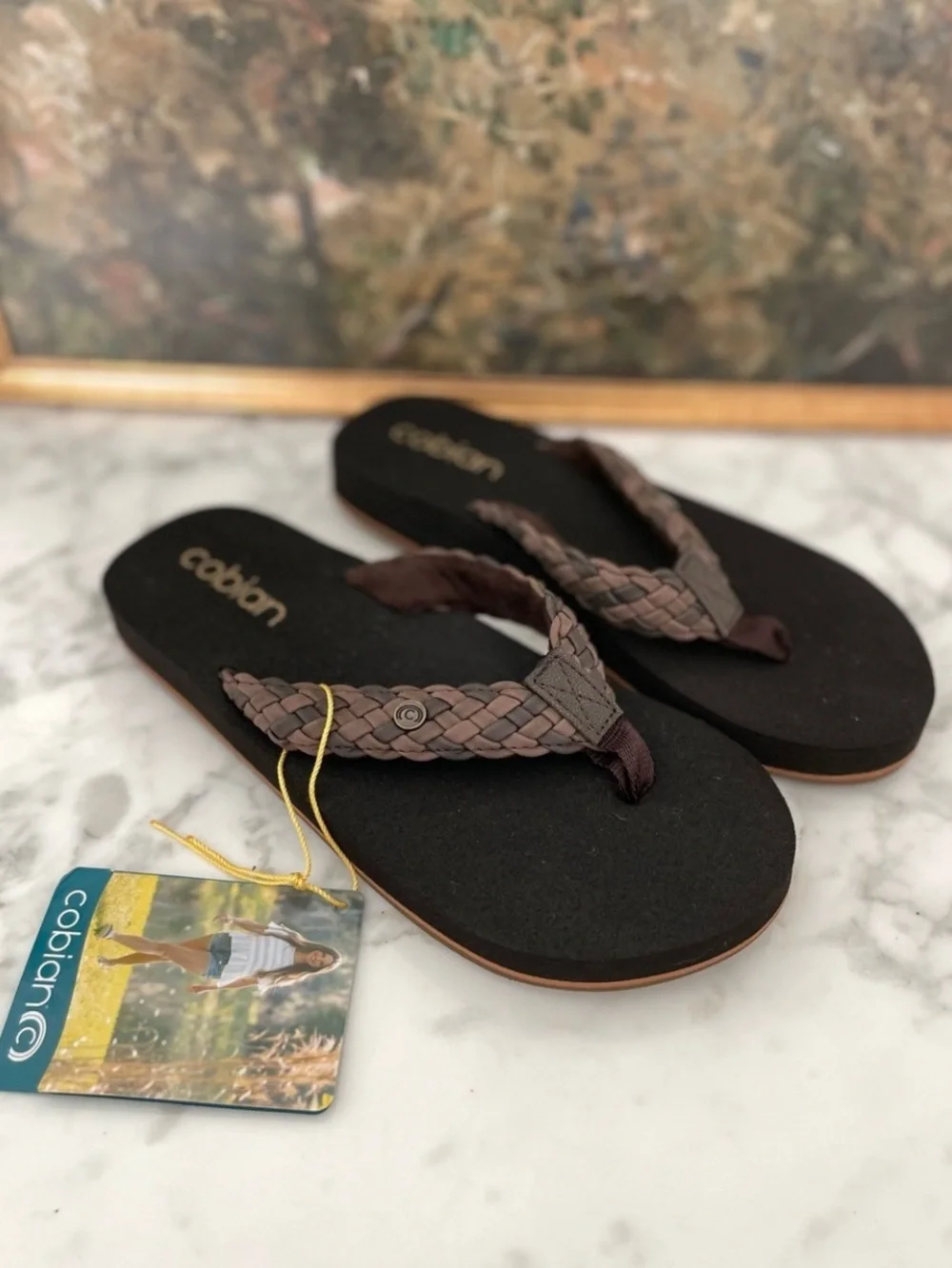 Cobian Leather Braided Bounce Chocolate Flip Flop size 7 Sandals Brown - Picture 2 of 6